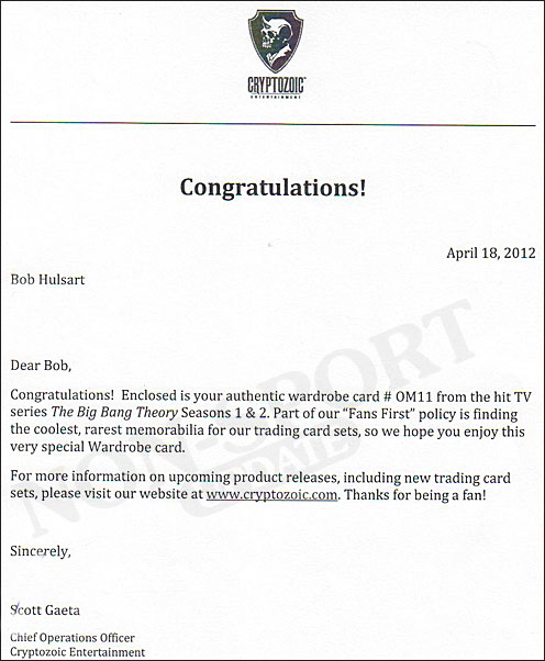 Congratulations letter from Cryptozoic Entertainment Congratulations letter from Cryptozoic Entertainment